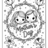 A black and white coloring page featuring two cartoon girls with happy expressions inside a floral wreath, surrounded by stars and flowers, with the text 'Mother's Day' prominently displayed.