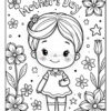 A black and white coloring page featuring a cheerful cartoon girl with short hair and a dress, holding her hands, surrounded by various flowers and stars, with the text 'Mother's Day' at the top.