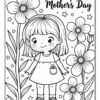 A black and white coloring page featuring a young girl with short hair wearing a dress with a pocket, standing among various flowers and stars, with the text 'Mother's Day' at the top.