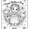 A black and white illustration for Mother's Day featuring a young girl with long hair adorned with flowers, wearing a dress and standing among various flowers and leaves, with 'Happy Mother's Day' written at the top.