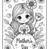 A black and white illustration of a cute girl holding a flower bouquet, surrounded by various flowers and plants, with the text 'Mother's Day' prominently displayed.