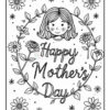A black and white coloring page featuring a smiling girl with short hair surrounded by flowers and leaves, with the words 'Happy Mother's Day' elegantly written in the center.