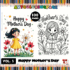 A promotional graphic for Mother's Day coloring pages featuring two illustrations: one of a girl picking flowers and another black-and-white outline drawing of a girl holding flowers. The text indicates it is Volume 3, contains 100 pages, and emphasizes 'Happy Mother's Day' with colorful accents in the background.