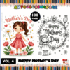 A colorful cover for a Mother's Day coloring book featuring illustrations of a girl in a pink dress holding flowers, along with a banner that reads 'Happy Mother's Day.' The background is bordered with colored pencils and the title includes '100 Pages' and 'Vol. 4.'