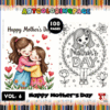 A colorful promotional image for a Mother's Day coloring book featuring two girls hugging, surrounded by hearts and flowers. The title 'Mother's Day' is prominently displayed at the top, with text indicating it contains 100 pages. The design includes a pencil border motif.