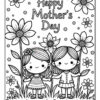 A coloring page depicting two girls holding hands amidst large daisies and flowers, with the text 'Happy Mother's Day' at the top.