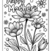 A black and white coloring page featuring large flowers and the text 'Happy Mother's Day' at the top, surrounded by smaller floral designs and decorative elements like stars and dots.