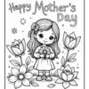 A coloring page depicting a young girl holding a bouquet of flowers, surrounded by large blossoms and stars, with the text 'Happy Mother's Day' at the top of the image.