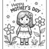 A black and white illustration for Mother's Day featuring a cute girl wearing a dress, standing next to flowers and accompanied by stars, with the text 'Happy Mother's Day' above her.