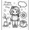 A black-and-white coloring page featuring a cartoon girl with wavy hair and a flower accessory, wearing a polka-dotted sweater and pants. She is surrounded by various flowers, including a rose and a lotus, as well as stars and a speech bubble. The text 'Happy Mother's Day' is prominently displayed at the top.
