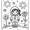 A cute cartoon girl wearing a hooded coat stands among flowers and stars in a field. The girl has long hair with a flower accessory and is portrayed in black outlines, ready for coloring. The background features simple star and sun shapes, enhancing the cheerful outdoor scene.