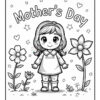 A black and white illustration for Mother's Day featuring a smiling girl with long hair, wearing a dress and standing between two flowers. The scene includes decorative stars and hearts around the title 'Mother's Day.'