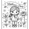 A black and white coloring page featuring a girl standing in front of various flowers, with a banner above her that reads 'Mother's Day.' The girl has long hair and is wearing a sweater and skirt, with a pocket on the sweater.