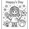 A cartoon girl with long hair, wearing a dress, holds a flower in each hand. She stands surrounded by various flowers and stars, with the text 'Happy's Day' displayed above her.
