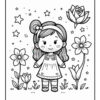 A cartoon-style girl with long hair stands in a floral setting surrounded by flowers and stars. She wears a dress with short sleeves and a playful expression, with large flowers including a lily and a rose nearby.
