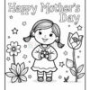 A black and white illustration for Mother's Day featuring a smiling girl in a dress holding a flower, surrounded by decorative flowers and stars, with the text 'Happy Mother’s Day' above.