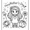 A black and white line drawing for Mother's Day featuring a smiling girl with long hair, wearing a dress with a heart shape, surrounded by flowers and stars, with the text 'Happy Mother's Day!' above her.