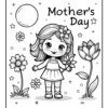 A black and white illustration for Mother's Day featuring a smiling girl with long hair and a flower in her hair, standing among flowers and under a crescent moon, with the text 'Mother's Day' above.