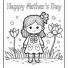A black and white illustration of a smiling girl standing in a garden, surrounded by flowers, with the text 'Happy Mother's Day' above her. The girl has pigtails and wears a dress decorated with a large flower.