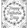 A black and white coloring page featuring the text 'Happy Father's Day' surrounded by decorative flowers and a floral wreath design.