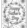 A coloring page featuring the text 'Happy Father's Day' surrounded by a floral wreath, with various flowers and stars illustrated around it in a black and white design.