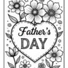 A coloring page featuring the words 'Father's Day' in a large heart, surrounded by various flowers and decorative elements. The design is outlined in black and intended for coloring.