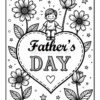 A coloring page depicting a child sitting inside a heart-shaped outline with the text 'Father's Day.' Surrounding the heart are flowers and stars, creating a festive design for Father's Day.