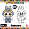 A colorful cover page for a coloring book titled 'Labubu Coloring' featuring two cartoon characters: one wearing a blue and gray costume with a triangular hat and the other dressed as a bunny in a white outfit. The text includes 'VOL. 7' and '100 PAGES' in bright, playful fonts.