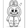 A cartoon character with long bunny ears and a fluffy, round face, wearing a buttoned coat with pockets and has a large, toothy grin. The character appears playful, with big eyes and a whimsical expression, and is outlined in black against a white background.