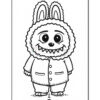 A cartoonish creature wearing a fluffy hood with bunny ears, featuring a wide grin with sharp teeth, wearing a coat with buttons and pockets, standing with feet apart.