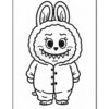 A cartoon character in a bunny suit with a fluffy hood and large, expressive eyes. The character has a wide, toothy grin and is standing with its hands at its sides, wearing a buttoned pajama onesie.