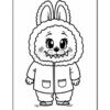 A cartoon character resembling a bunny, with large eyes and a big smile, wearing a hoodie with a fluffy collar and a zipper, standing with hands by its sides. The character is designed in a black and white coloring book style.