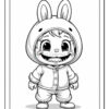 A cartoon-style black and white illustration of a child wearing a bunny costume with big bunny ears, a wide grin showing sharp teeth, and a playful pose.