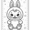 A cartoonish character resembling a bunny with large ears and a toothy grin, wearing a fluffy white suit, sitting on its feet with its arms resting on its knees. The background features stars and flowers in a simple black and white coloring style.