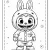 A cartoonish character with an oversized head and a mischievous grin showing sharp teeth, wearing a bunny-hooded outfit and loose pants with a pocket. The character has large expressive eyes and is surrounded by floral patterns in a playful, black-and-white style.