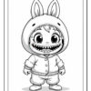 A cartoonish child in a hoodie with bunny ears, displaying a wide, toothy grin with sharp teeth. The child is wearing a zip-up hoodie, pants, and sneakers, characterizing a playful yet somewhat mischievous appearance in a black and white coloring book style.