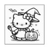 A cartoon character resembling a cat dressed as a witch, holding a broomstick, standing next to a carved pumpkin with a smiling face. The background features bats and hearts in a playful Halloween theme.