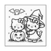 A black and white illustration featuring two cartoon cats, styled like Hello Kitty, one wearing a witch's hat and holding a wand, while the other stands beside a smiling, carved pumpkin. A bat flies above them against a starry background.
