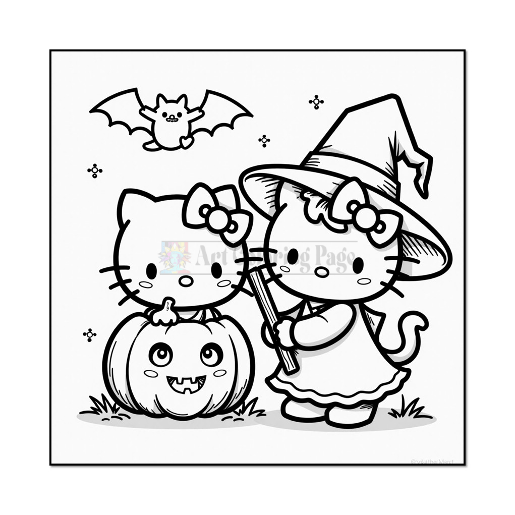 A black and white illustration featuring two cartoon cats, styled like Hello Kitty, one wearing a witch's hat and holding a wand, while the other stands beside a smiling, carved pumpkin. A bat flies above them against a starry background.
