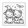 Two cartoon cats dressed for Halloween: one in a witch hat and a long dress, and the other in a ghost costume, both holding hands. There are pumpkins and a bat flying overhead, with stars scattered in the background.