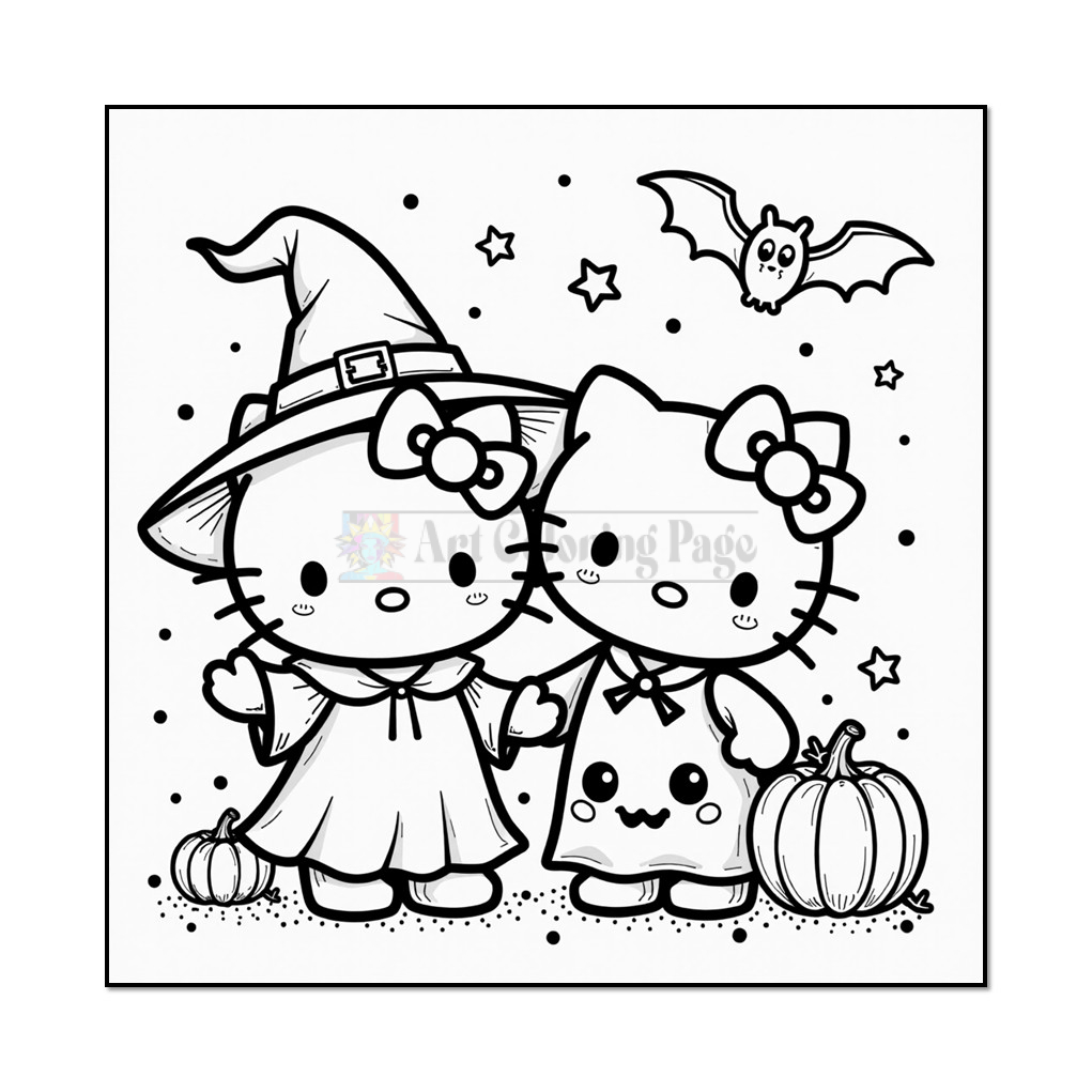 Two cartoon cats dressed for Halloween: one in a witch hat and a long dress, and the other in a ghost costume, both holding hands. There are pumpkins and a bat flying overhead, with stars scattered in the background.