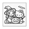 A black and white illustration featuring a young girl wearing a witch hat and a character resembling a cat with a bow, both holding a carved pumpkin. There are two smaller pumpkins nearby and a cartoon bat flying overhead.