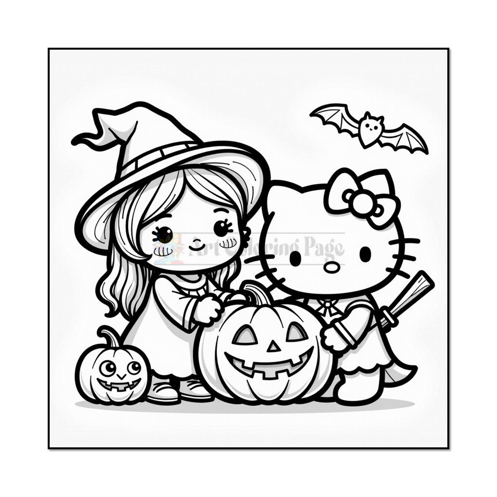 A black and white illustration featuring a young girl wearing a witch hat and a character resembling a cat with a bow, both holding a carved pumpkin. There are two smaller pumpkins nearby and a cartoon bat flying overhead.