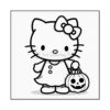A cartoon cat character with a bow on her head is dressed in a dress, holding a trick-or-treat bag shaped like a pumpkin with a face. The image has a black outline, suitable for coloring.