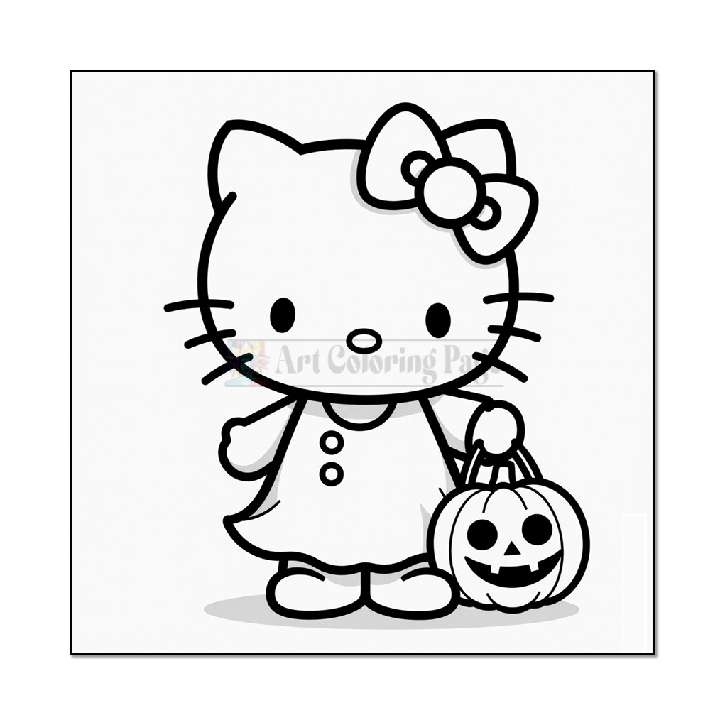 A cartoon cat character with a bow on her head is dressed in a dress, holding a trick-or-treat bag shaped like a pumpkin with a face. The image has a black outline, suitable for coloring.
