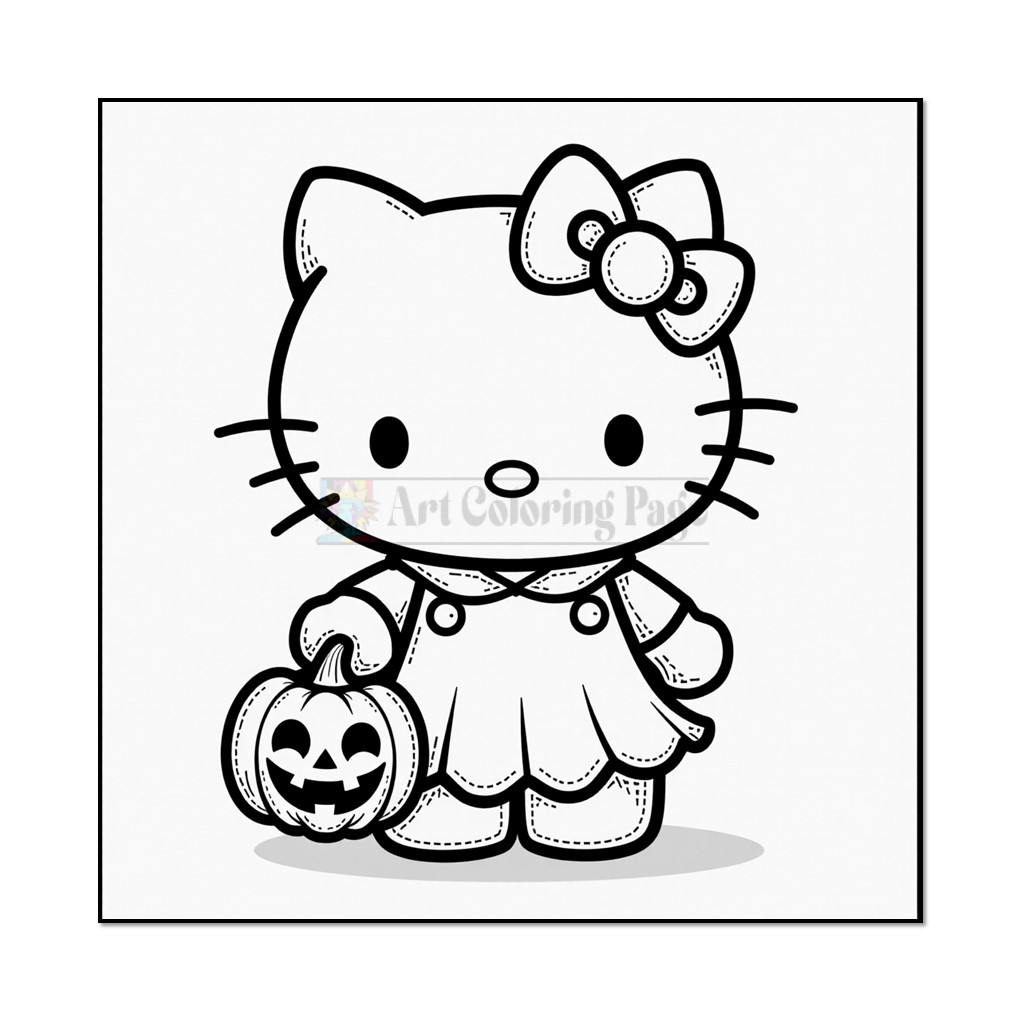 A cartoon cat character with a bow on its head, wearing a dress and holding a pumpkin with a carved face, depicted in a coloring book style outline.