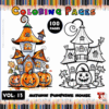A colorful cover for a coloring book titled 'Autumn Pumpkins House', featuring a whimsical house adorned with pumpkins and autumn elements on the left side, and a black and white line drawing of the same scene on the right side. The top has the text 'Coloring Pages' and '100 Pages', with 'Vol. 13' below the colorful house illustration. The background is adorned with colored pencil graphics.