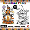 A promotional image featuring two coloring pages from a book titled 'Autumn Pumpkins House.' The left page shows a whimsical house surrounded by pumpkins, while the right page displays a more intricate house design with a large pumpkin in front. Both pages are overlaid on a colorful border with the text 'Coloring Pages' and 'Vol. 7.'