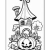 A whimsical black and white illustration of a house with a pointed roof, accompanied by a smaller house and a large jack-o'-lantern in the foreground, surrounded by a picket fence, trees, and decorative pumpkins, suitable for coloring.