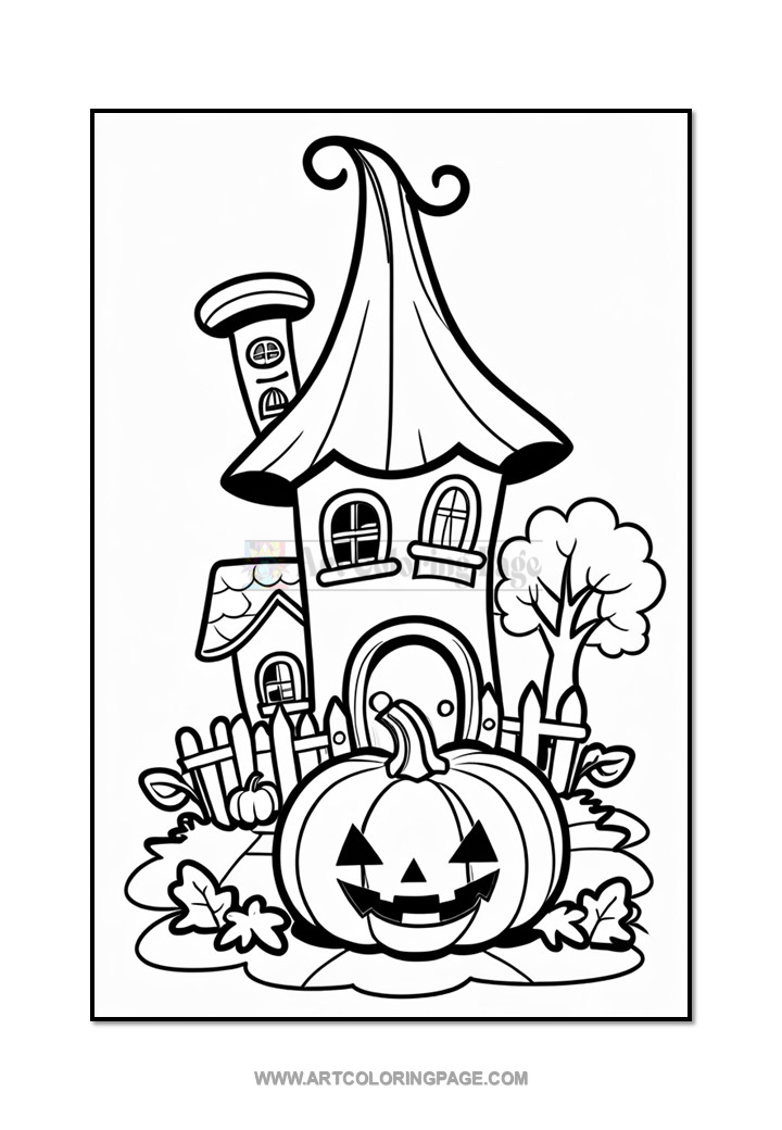 A whimsical black and white illustration of a house with a pointed roof, accompanied by a smaller house and a large jack-o'-lantern in the foreground, surrounded by a picket fence, trees, and decorative pumpkins, suitable for coloring.